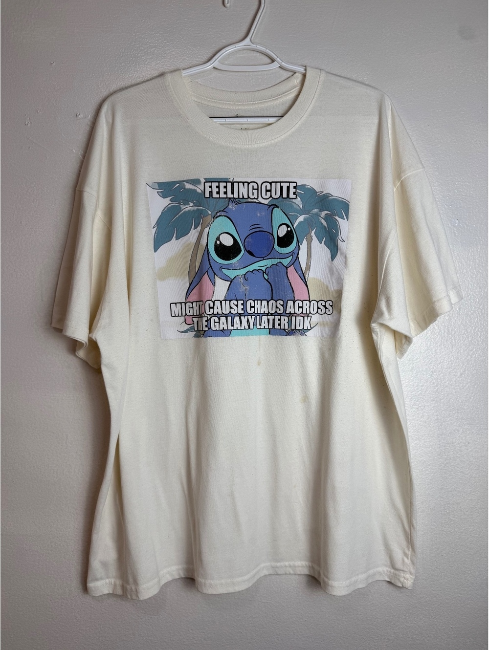 Disney Stitch Feeling Cute Graphic T-Shirt Off White Oversized Tee